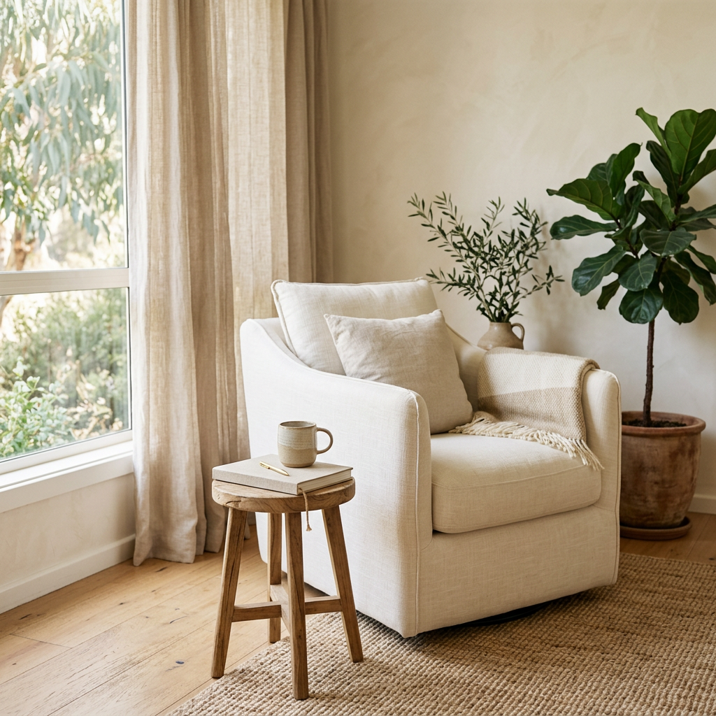 A peaceful coaching space with an ivory linen armchair, natural light and a wooden side table.