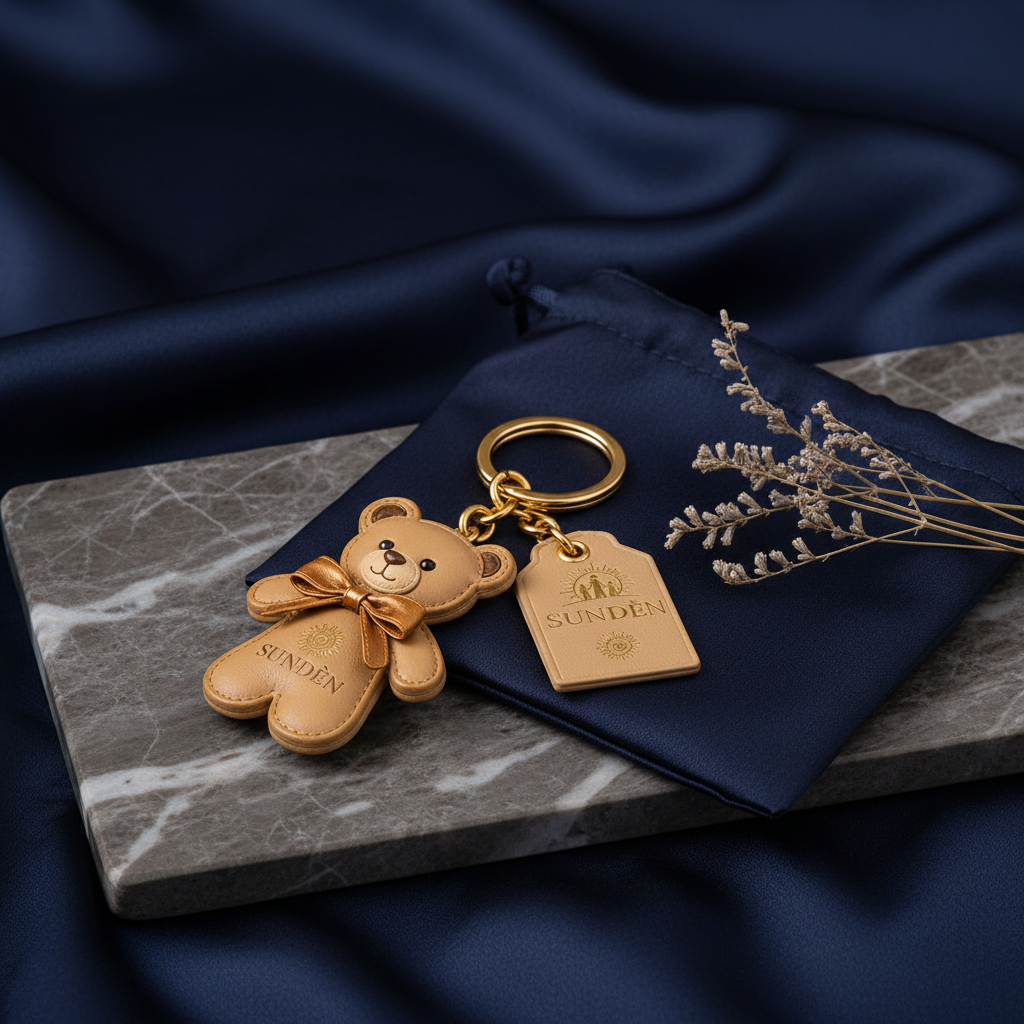 SUNDÈN bear keychain on marble with dried flowers and navy pouch