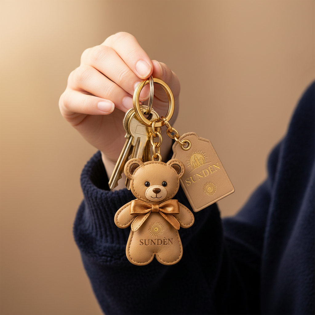 SUNDÈN bear keychain on keys held in a woman's hand