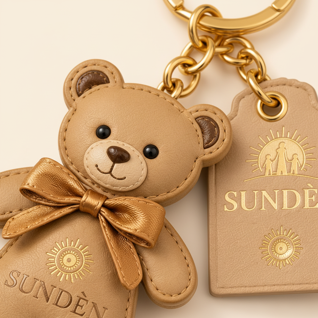 SUNDÈN bear keychain close-up of stitching, gold bow and sunflower logo