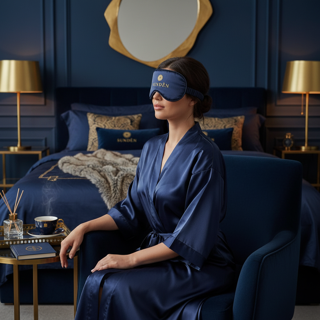 Woman in SUNDÈN Robe & Eye Mask